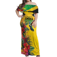 Personalized Jamaica Hummingbird Off Shoulder Maxi Dress Tropical Flowers Grunge Flag - Wonder Print Shop