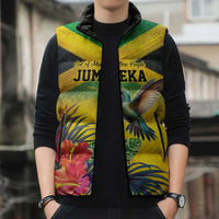 Personalized Jamaica Hummingbird Sleeveless Puffer Jacket Tropical Flowers Grunge Flag - Wonder Print Shop