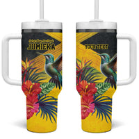 Personalized Jamaica Hummingbird Tumbler With Handle Tropical Flowers Grunge Flag - Wonder Print Shop