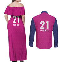 Caribbean Cricket Barbados Custom Couples Matching Off Shoulder Maxi Dress and Long Sleeve Button Shirt Strike of the Tridents Pink Fury - Wonder Print Shop