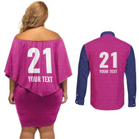 Caribbean Cricket Barbados Custom Couples Matching Off Shoulder Short Dress and Long Sleeve Button Shirt Strike of the Tridents Pink Fury - Wonder Print Shop