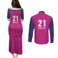 Caribbean Cricket Barbados Custom Couples Matching Puletasi and Long Sleeve Button Shirt Strike of the Tridents Pink Fury - Wonder Print Shop