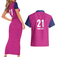 Caribbean Cricket Barbados Custom Couples Matching Short Sleeve Bodycon Dress and Hawaiian Shirt Strike of the Tridents Pink Fury - Wonder Print Shop