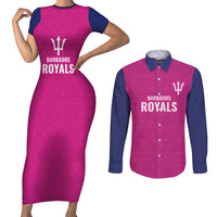 Caribbean Cricket Barbados Custom Couples Matching Short Sleeve Bodycon Dress and Long Sleeve Button Shirt Strike of the Tridents Pink Fury - Wonder Print Shop