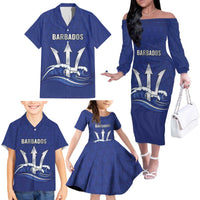 Caribbean Cricket Barbados Custom Family Matching Off The Shoulder Long Sleeve Dress and Hawaiian Shirt Trident Champion’s Wave - Wonder Print Shop