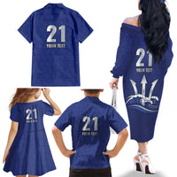 Caribbean Cricket Barbados Custom Family Matching Off The Shoulder Long Sleeve Dress and Hawaiian Shirt Trident Champion’s Wave - Wonder Print Shop