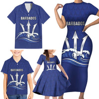 Caribbean Cricket Barbados Custom Family Matching Short Sleeve Bodycon Dress and Hawaiian Shirt Trident Champion’s Wave - Wonder Print Shop