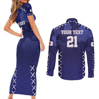 Custom Japan Rugby Pacific Couples Matching Short Sleeve Bodycon Dress and Long Sleeve Button Shirt Sakuras Rising Sun with Polynesian Pattern LT9 - Wonder Print Shop