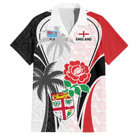 Custom Fiji England Rugby Family Matching Off Shoulder Long Sleeve Dress and Hawaiian Shirt Tapa Pattern and Rose Flower World Cup 2023 - Wonder Print Shop