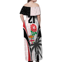 Custom Fiji England Rugby Family Matching Off Shoulder Maxi Dress and Hawaiian Shirt Tapa Pattern and Rose Flower World Cup 2023 LT9 - Wonder Print Shop