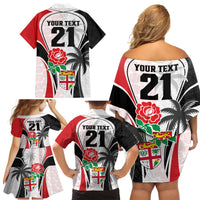 Custom Fiji England Rugby Family Matching Off Shoulder Short Dress and Hawaiian Shirt Tapa Pattern and Rose Flower World Cup 2023 LT9 - Wonder Print Shop