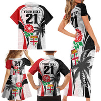 Custom Fiji England Rugby Family Matching Short Sleeve Bodycon Dress and Hawaiian Shirt Tapa Pattern and Rose Flower World Cup 2023 - Wonder Print Shop