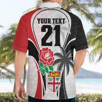 Rugby-style Hawaiian shirt back, black/white with red, 'YOUR TEXT 21' and flower detail