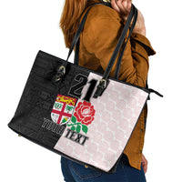 Custom Fiji England Rugby Leather Tote Bag Tapa Pattern and Rose Flower World Cup 2023 - Wonder Print Shop