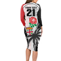 Custom Fiji England Rugby Long Sleeve Bodycon Dress Tapa Pattern and Rose Flower World Cup 2023 - Wonder Print Shop