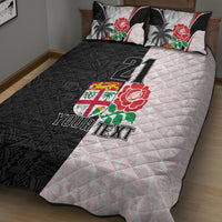 Custom Fiji England Rugby Quilt Bed Set Tapa Pattern and Rose Flower World Cup 2023 - Wonder Print Shop