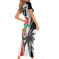 Custom Fiji England Rugby Short Sleeve Bodycon Dress Tapa Pattern and Rose Flower World Cup 2023 - Wonder Print Shop
