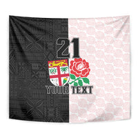 Custom Fiji England Rugby Tapestry Tapa Pattern and Rose Flower World Cup 2023 - Wonder Print Shop