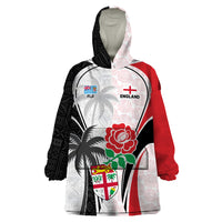 Custom Fiji England Rugby Wearable Blanket Hoodie Tapa Pattern and Rose Flower World Cup 2023 - Wonder Print Shop