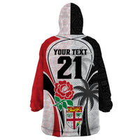 Custom Fiji England Rugby Wearable Blanket Hoodie Tapa Pattern and Rose Flower World Cup 2023 - Wonder Print Shop