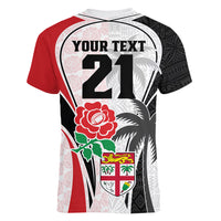 Custom Fiji England Rugby Women V Neck T Shirt Tapa Pattern and Rose Flower World Cup 2023 - Wonder Print Shop