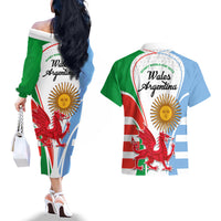 Wales Argentina Rugby Couples Matching Off The Shoulder Long Sleeve Dress and Hawaiian Shirt The Welsh Dragon and Sol De Mayo World Cup 2023 LT9 - Wonder Print Shop