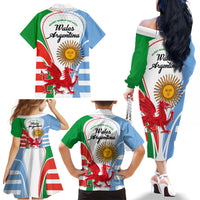 Wales Argentina Rugby Family Matching Off Shoulder Long Sleeve Dress and Hawaiian Shirt The Welsh Dragon and Sol De Mayo World Cup 2023 - Wonder Print Shop
