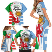 Wales Argentina Rugby Family Matching Short Sleeve Bodycon Dress and Hawaiian Shirt The Welsh Dragon and Sol De Mayo World Cup 2023 - Wonder Print Shop