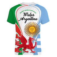 Wales Argentina Rugby Women V Neck T Shirt The Welsh Dragon and Sol De Mayo World Cup 2023 - Wonder Print Shop