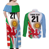 Custom Wales Argentina Rugby Couples Matching Off Shoulder Maxi Dress and Long Sleeve Button Shirts The Welsh Dragon and Sol De Mayo World Cup 2023 LT9 - Wonder Print Shop