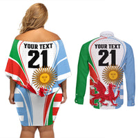Custom Wales Argentina Rugby Couples Matching Off Shoulder Short Dress and Long Sleeve Button Shirts The Welsh Dragon and Sol De Mayo World Cup 2023 LT9 - Wonder Print Shop
