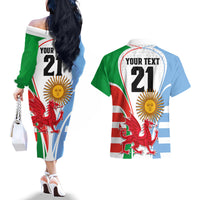 Custom Wales Argentina Rugby Couples Matching Off The Shoulder Long Sleeve Dress and Hawaiian Shirt The Welsh Dragon and Sol De Mayo World Cup 2023 LT9 - Wonder Print Shop