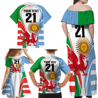 Custom Wales Argentina Rugby Family Matching Off Shoulder Maxi Dress and Hawaiian Shirt The Welsh Dragon and Sol De Mayo World Cup 2023 LT9 - Wonder Print Shop