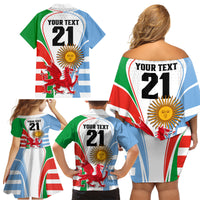 Custom Wales Argentina Rugby Family Matching Off Shoulder Short Dress and Hawaiian Shirt The Welsh Dragon and Sol De Mayo World Cup 2023 LT9 - Wonder Print Shop