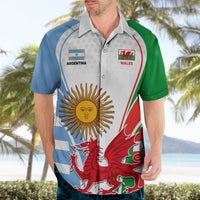 Mens short-sleeve button-up Hawaiian shirt with Argentina/Wales crests and sun dragon art