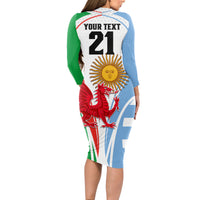 Custom Wales Argentina Rugby Long Sleeve Bodycon Dress The Welsh Dragon and Sol De Mayo World Cup 2023 - Wonder Print Shop