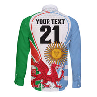 Custom Wales Argentina Rugby Long Sleeve Button Shirt The Welsh Dragon and Sol De Mayo World Cup 2023 - Wonder Print Shop