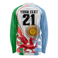 Custom Wales Argentina Rugby Long Sleeve Shirt The Welsh Dragon and Sol De Mayo World Cup 2023 - Wonder Print Shop