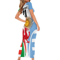 Custom Wales Argentina Rugby Short Sleeve Bodycon Dress The Welsh Dragon and Sol De Mayo World Cup 2023 - Wonder Print Shop