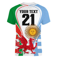 Custom Wales Argentina Rugby Women V Neck T Shirt The Welsh Dragon and Sol De Mayo World Cup 2023 - Wonder Print Shop
