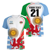Custom Wales Argentina Rugby Women V Neck T Shirt The Welsh Dragon and Sol De Mayo World Cup 2023 - Wonder Print Shop