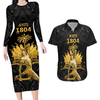 Haitian Negre Marron 1804 Couples Matching Long Sleeve Bodycon Dress and Hawaiian Shirt Black Polynesian Pattern LT9 - Wonder Print Shop