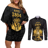 Haitian Negre Marron 1804 Couples Matching Off Shoulder Short Dress and Long Sleeve Button Shirt Black Polynesian Pattern LT9 - Wonder Print Shop