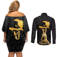 Haitian Negre Marron 1804 Couples Matching Off Shoulder Short Dress and Long Sleeve Button Shirt Black Polynesian Pattern LT9 - Wonder Print Shop