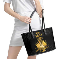 Haitian Negre Marron 1804 Leather Tote Bag Black Polynesian Pattern - Wonder Print Shop