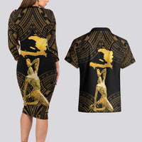 Haitian Negre Marron 1804 Couples Matching Long Sleeve Bodycon Dress and Hawaiian Shirt Gold Polynesian Pattern LT9 - Wonder Print Shop