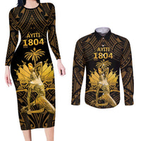 Haitian Negre Marron 1804 Couples Matching Long Sleeve Bodycon Dress and Long Sleeve Button Shirt Gold Polynesian Pattern LT9 - Wonder Print Shop