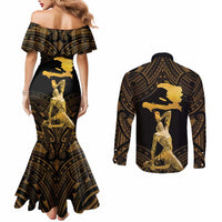 Haitian Negre Marron 1804 Couples Matching Mermaid Dress and Long Sleeve Button Shirt Gold Polynesian Pattern