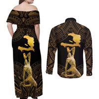 Haitian Negre Marron 1804 Couples Matching Off Shoulder Maxi Dress and Long Sleeve Button Shirt Gold Polynesian Pattern LT9 - Wonder Print Shop