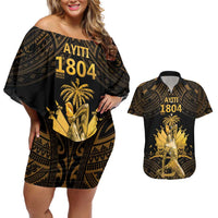 Haitian Negre Marron 1804 Couples Matching Off Shoulder Short Dress and Hawaiian Shirt Gold Polynesian Pattern LT9 - Wonder Print Shop